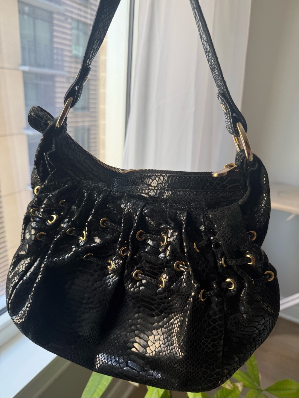 Michael Kors Black Leather Snake Embossed Hobo Bag Corset Lace Vintage Y2K